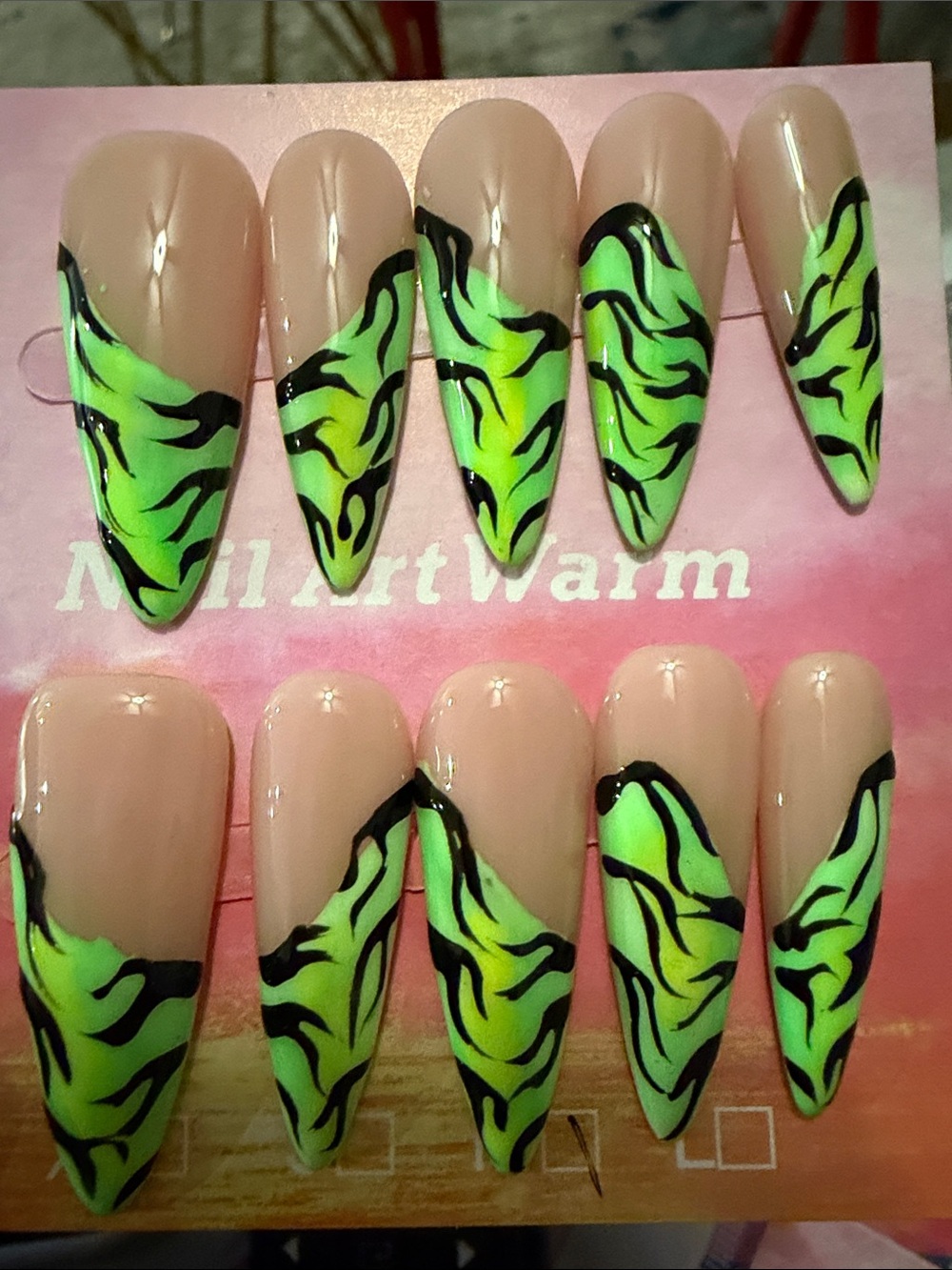 Neon Green Zebra Stiletto handmade acrylic Press-On Nails - Women Shoes